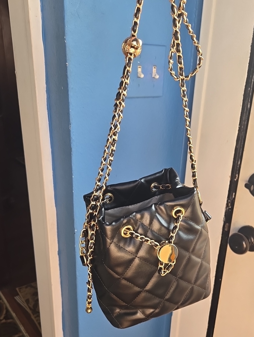 Quilted Black Hand Or  Shoulder Bucket Bag with Gold Chain Hardware